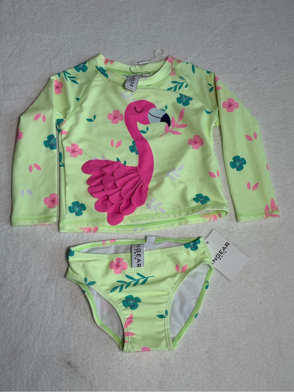 Ingear Neon Flamingo Rash Guard Set - Pink & Lime Toddler Tankini Bikini 3T